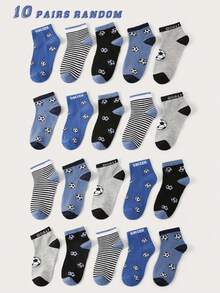 10 Pairs Children Socks, Football & Stripe Pattern Decorative Short Socks, Simple Classic Fashion Casual Sports Socks, Skin-Friendly Breathable, Suitable For Daily Life, Holiday Gifts, Back To School, Travel, Random Color & Style - Multicolor - View 11