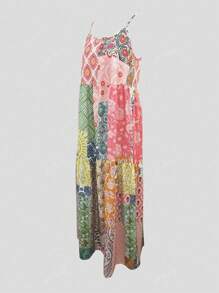 Women Summer Spaghetti Strap Patchwork Floral Geometric Print Casual Holiday Dress