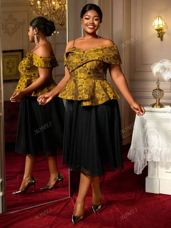 Two Pieces Set Jacquard Blouses Irregular Sleeves Peplum Black Midi Mesh Skirts Curve Women,Outfit For Date,Party,Wedding,Bridesmaid ,Graduation Back To School