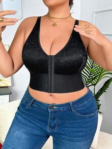 1 pieza Sujetador casual minimalista de talla grande para mujer con inserción de encaje y botón delantero, para todo el año - Negro - Ver 3