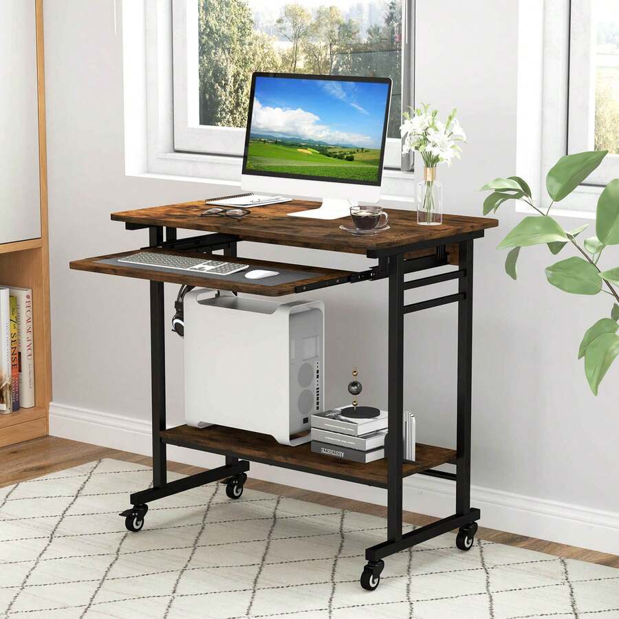 Lifezeal Computer Desk Rolling Laptop Cart Writing Workstation W/ Keyboard Tray - màu nâu - Xem 1