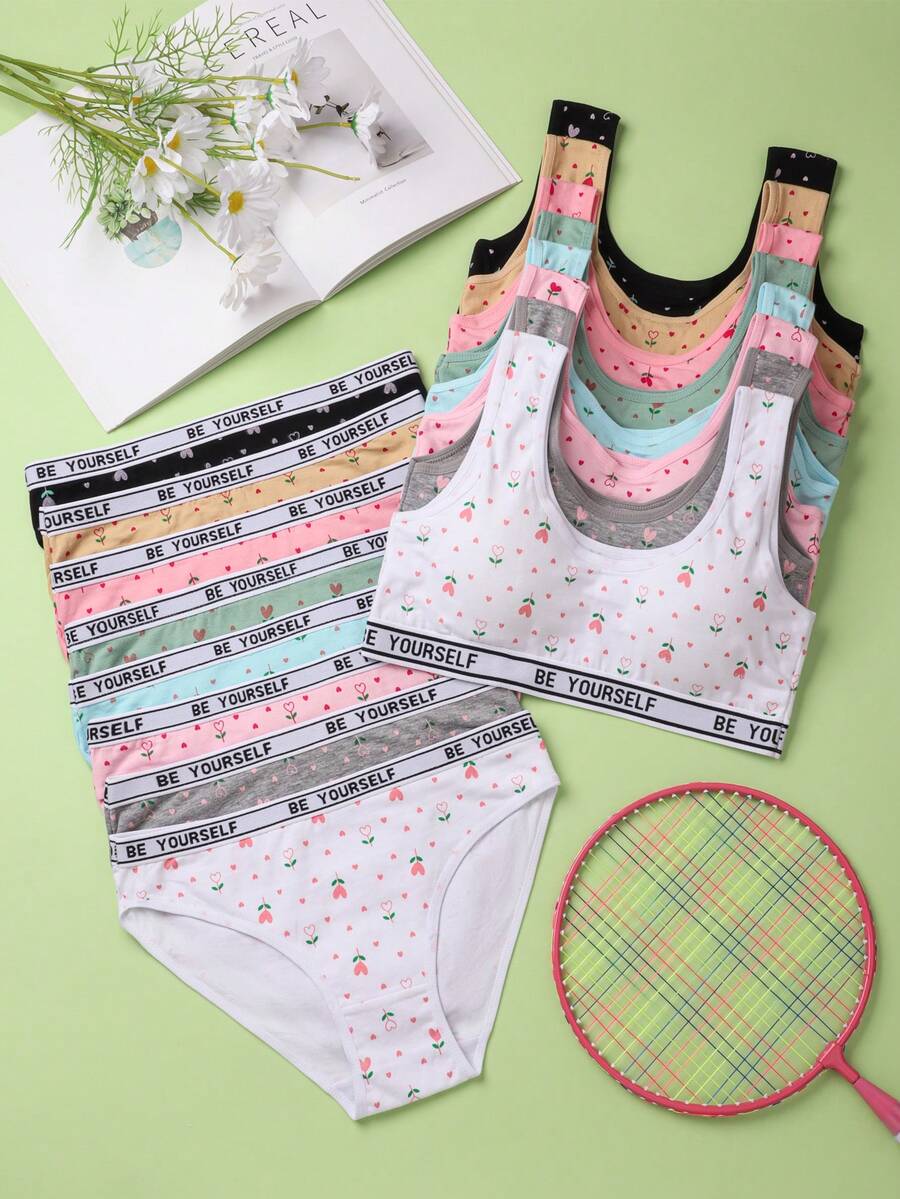 SIETEROSA 8 Sets Cute Tweens Girls Training Bras Matching Panties Sets Soft Cotton Breathable Student Girl Development Period Underwear 10-13Y
