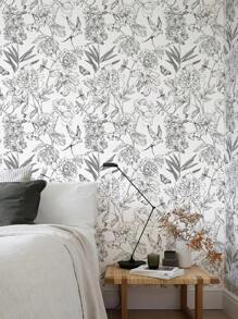 1 Roll Simple White Flower & Butterfly Botanical Print Home Decor Wallpaper, Indoor Renovation Wallpaper, Minimalist Floral Leaf Design Self-Adhesive Waterproof Oil-Proof Sticker For DIY Furniture Cabinet Decoration