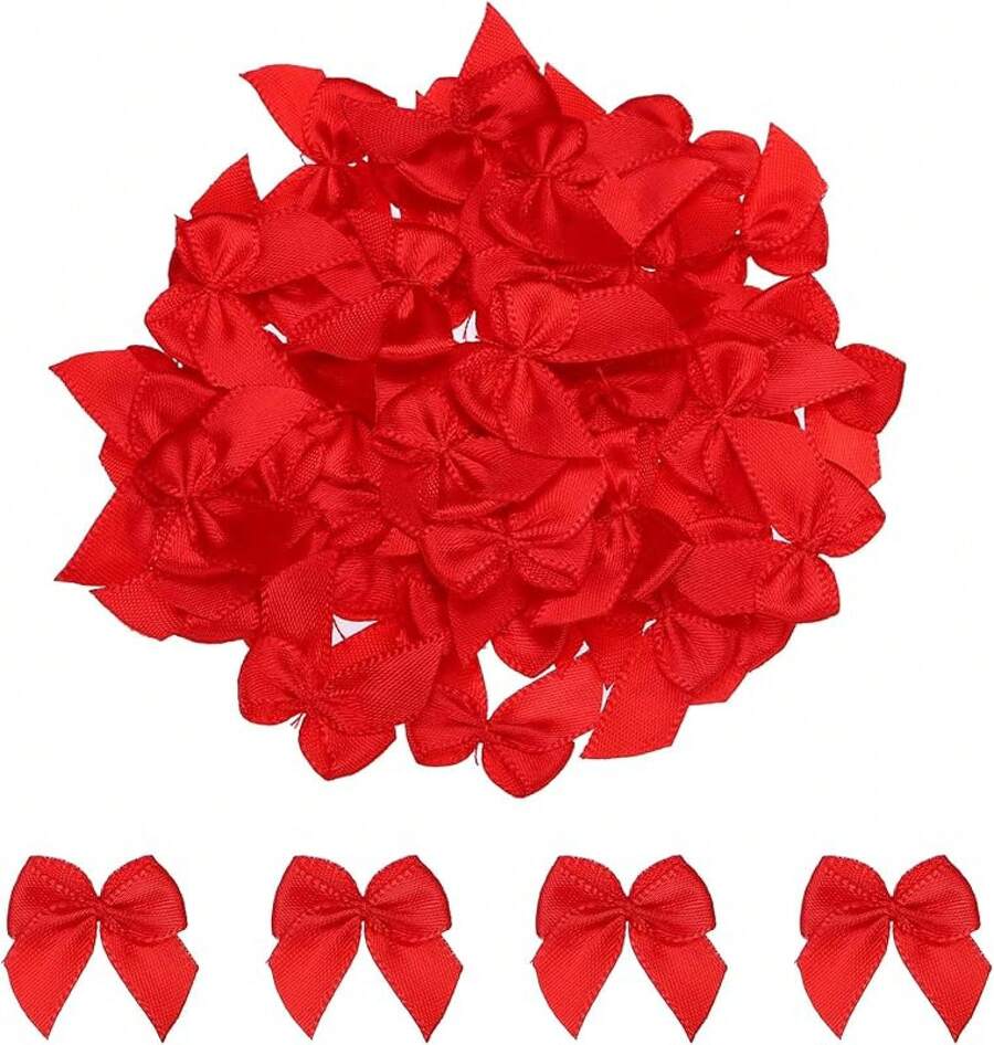 50PCs Mini Ribbon Bow 1 "Mini Fabric Satin Ribbon Flower Bows For Craft DIY Sewing Wedding Birthday Party Red - 紅色 - 查看 1
