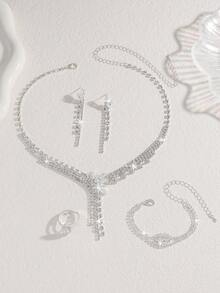 5pcs Luxury Cubic Zirconia Flower Tassel Necklace, Earrings, Bracelet And Ring Set | Bridal Wedding Gift, Daily Commute, Party & Travel | High-End Versatile Jewelry