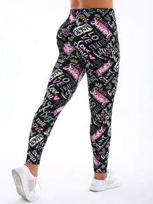 秋冬新品，时尚优雅的女士黑色泼墨印花紧身裤，粉色花卉柔软弹力九分裤，红色爱心字母图案七分紧身裤，适合健身、散步、户外、工作、派对、瑜伽、深蹲、举重、塑身