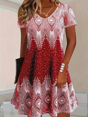 大码女式 V 领波点几何图案连衣裙，优雅短袖，春夏季，针织面料，中等弹力