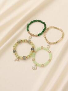 4 件套波西米亚海洋风格海豚、贝壳和海星串珠多层手链适合女性日常、度假、约会、可爱配饰，多色混合