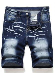 NIUYUNHENGTONG Men's Striped Fashion Slim Fit Denim Shorts Jorts - 深色水洗藍 - 查看 1