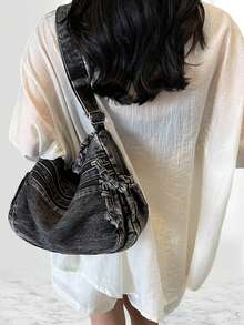 Women's Large Capacity Denim Tote Bag Fashionable Casual Shoulder Purse With Multi-Pockets - 黑色 - 查看 5