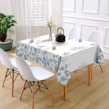 1pc Watercolor Floral Pattern Polyester Tablecloth, Spring/Summer Blue Green White Flower & Leaf Festive Tablecloth, Washable Seasonal Tablecloth, Home Kitchen Dining Party Picnic Decor, Gift