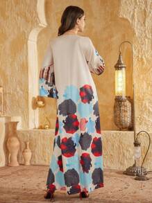 Abito elegante da donna a maniche lunghe con decorazioni in paillettes e stampa floreale, modesto