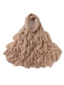 1条轻薄褶皱女士纯色卷边围巾，柔软透气马来西亚披肩，可搭配连衣裙