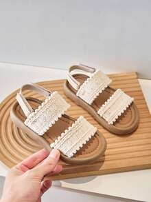 1 Pair Spring/Summer Woven Fabric Toddler Girls Comfortable Soft Sole Cute Beach Sandals, Suitable For Indoor And Outdoor Wear - Beige - View 1