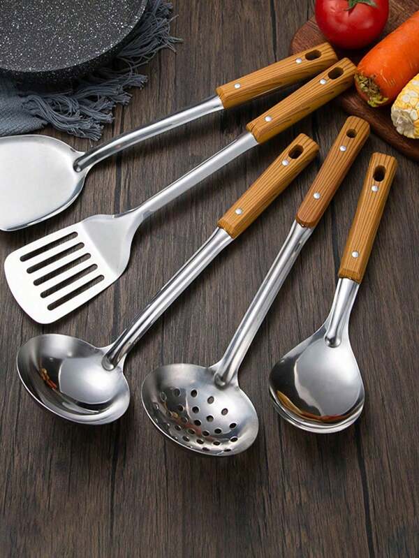 1-5pcs Stainless Steel Heat Resistant Handle Cookware Set - Spatula, Ladle, Skimmer, Faux Wood Grain, Thick Kitchen Tools