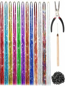 12 件套发饰套装耐热 48/36 英寸闪亮闪亮发饰接发套装 12 色闪光仙女发饰发束挑染发片合成丝组合发饰适合女性女孩 - 彩色 - 查看 2