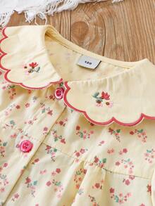 年轻女孩夏季休闲碎花泡泡袖衬衫 - 杏色 - 查看 3