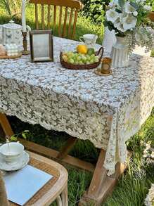 1pc Elegant Large Floral Tablecloth, French Vintage Lace Rectangular Table Cover, Retro Baroque Style For Coffee/Dining Table, Dust Cover