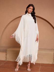 Women's Loose Long Abaya Dress, Arabian Style Batwing Sleeve Tassel Kaftan, High Fashion Modest Party Gown - Apricot - View 4