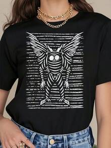 Mothman Optical Illusion Lines Art! Moth Man Painting Art T-Shirt      100% Cotton Summer T-Shirt For Women - Black - View 1