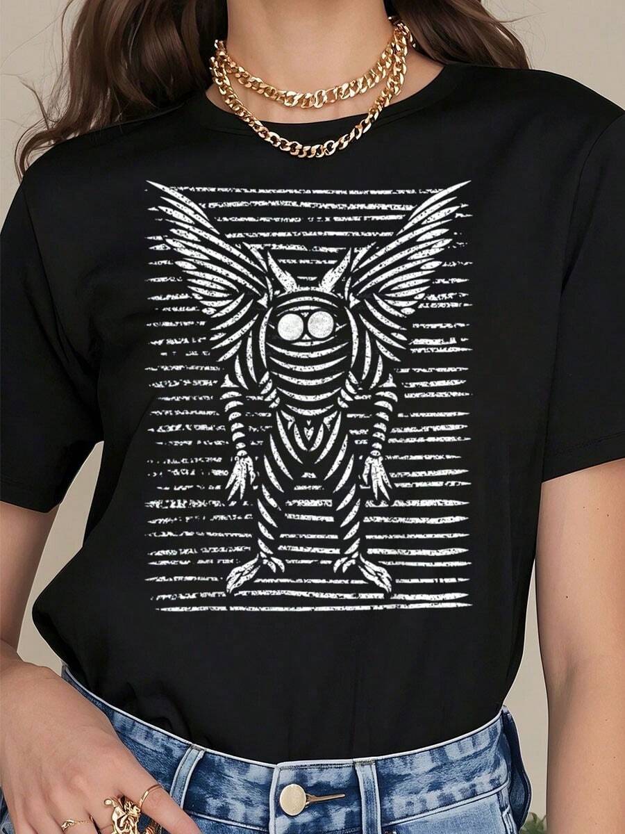 Mothman Optical Illusion Lines Art! Moth Man Painting Art T-Shirt      100% Cotton Summer T-Shirt For Women - Black - View 1