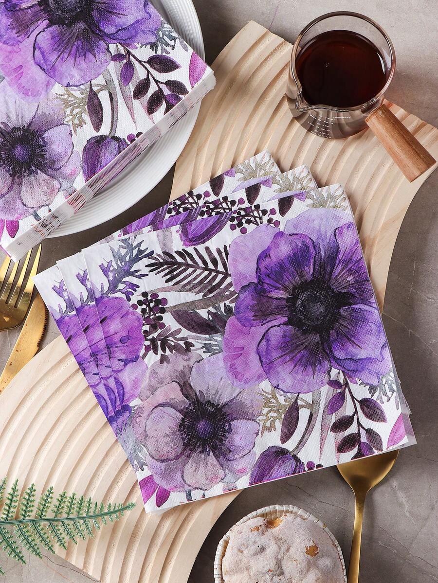 20 Stücke/Packung bunte Floral bedruckte Einweg Papierservietten für Party/Esszimmertisch, 2-lagig - Violett - Übersicht 1