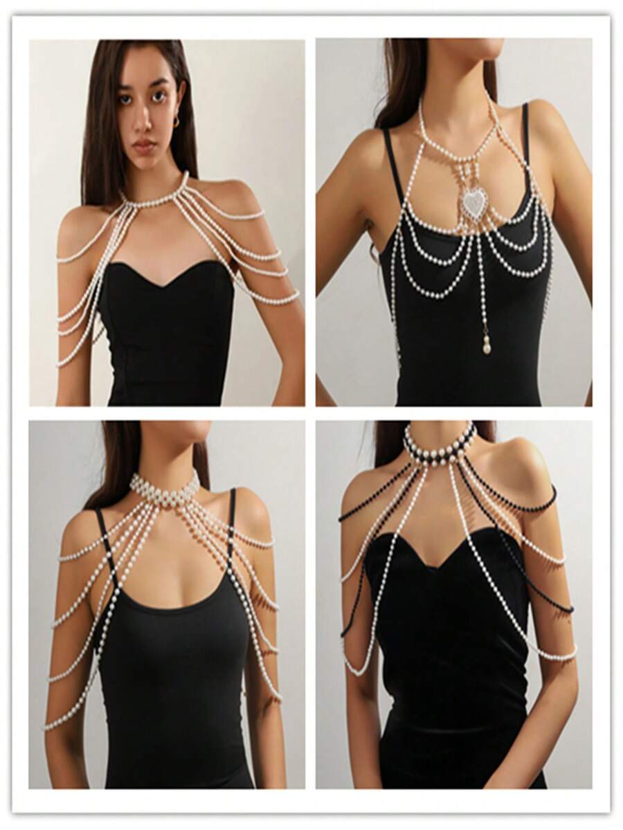 1 pieza Elegante y lujosa cadena de Body con borla de perlas falsas, collar multicapa, adecuado para ocasiones diarias y de fiesta, regalo de San Valentín/Navidad, accesorio perfecto para vacaciones en Maldivas, para todo el año