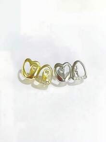 1 Pc 14k Gold Hollow Heart Studded Tooth Gem Personalized Side Tooth Accessory Suitable For Men And Women Everyday Wear, Party & Festival Accessory Grillz For Gift - Multicolor - View 5