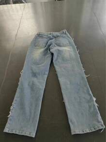 Y2K 90s Street Slant Pocket High Cotton Stretchy Distressed Raw Frayed Unique Tassel Design Patchwork Hip Hop Jeans Music Festival,  Everyday Wear