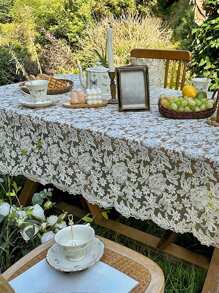1pc Elegant Large Floral Tablecloth, French Vintage Lace Rectangular Table Cover, Retro Baroque Style For Coffee/Dining Table, Dust Cover
