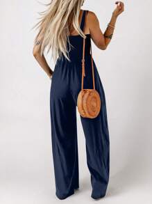 Acelitt Summer Women's Solid Color Square Neck Chest Diagonal Pleated Patchwork Pocket Casual Vacation Loose Wide Leg Sleeveless Suspender Jumpsuit