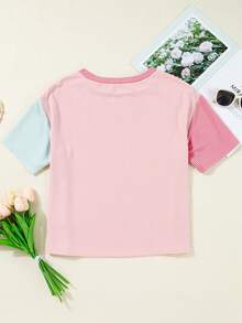 Acelitt Camiseta de manga corta casual de verano para mujer con cuello redondo, bloque de color, textura de rayas y patchwork multicolor