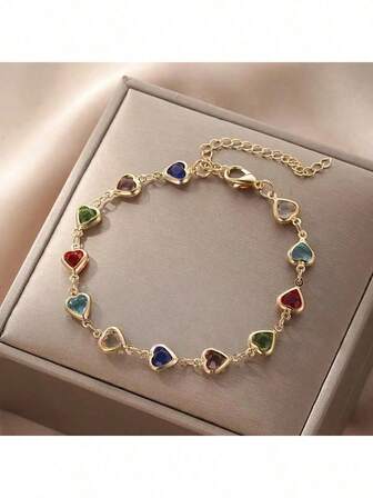 1 件彩色闪亮立方体心形设计手链，精致串珠手链，适合女孩日常聚会珠宝，节日礼物，心形精致彩色心形设计手链，复古优雅风格，情人节礼物