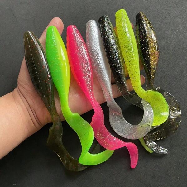 5 piezas de 19 cm de largo señuelos de pesca de plástico blando con cola rizada - Acción de nado realista, cebos multicolor para lubina, lucio, víbora y barracuda | Ideal para pescadores y entusiastas de la pesca