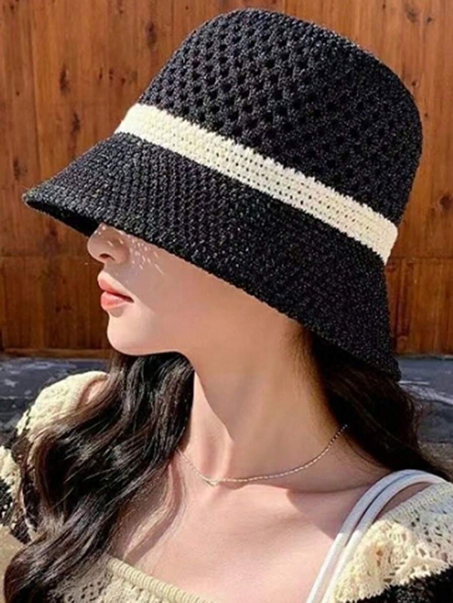 Ein Stück, Frauen Fischerhut, einfach und modisch ganzjährig gestrickter offener Fischerhut, atmungsaktiver Sonnenhut für den Sommer mit kleinem Gesicht.