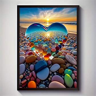 1 stuk kleurrijk canvas kunstprint met kiezelstenen en hartvormige zonsondergang op het strand - levendige wanddecoratie voor woonkamer, slaapkamer, kantoor of bar - uniek cadeau-idee - rustig tafereel aan zee met kleurrijke stenen en een zonovergoten lucht, decoratie met strandthema, perfecte kamerdecoratie - canvasmateriaal (optioneel) (lijst)