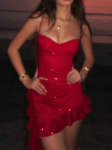 Women's Sexy Ruffle Trim Bodycon Camisole Dress, Romantic Sequin Embellished Short Dress, Suitable For Evening Party And Celebration, Valentine's Day, Carnival - Red - View 6