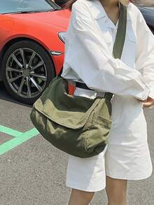 Vintage Minimalist Flap Crossbody Bag, Thick Washed Canvas Bag, Casual Versatile Large Capacity Messenger Bag, American Style For College Student, Short Trip, Simple Street Cloth Bag - Green - View 11