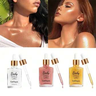 30ml Aceite corporal con brillo en 3 colores: plata, oro y oro rosa, de larga duración y efecto hidratante, crea un efecto de maquillaje radiante, a prueba de agua, adecuado para fiestas, galas, decoración con brillo DIY, regalos para mujeres en vacaciones, festivales de música y talla grande