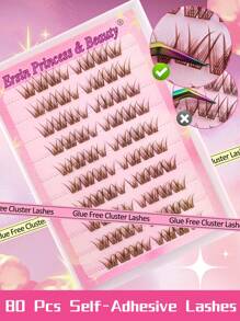 80 片棕色自粘睫毛簇蓬松 10-14 毫米混合长度套装，无需胶水蓬松单根睫毛自粘 DIY 睫毛延长预粘簇睫毛自然纤细睫毛延长 C 卷睫毛簇无需胶水无需卸妆假睫毛睫毛簇、睫毛簇、单根睫毛、睫毛、假睫毛