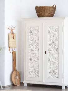1 Roll Simple White Flower & Butterfly Botanical Print Home Decor Wallpaper, Indoor Renovation Wallpaper, Minimalist Floral Leaf Design Self-Adhesive Waterproof Oil-Proof Sticker For DIY Furniture Cabinet Decoration