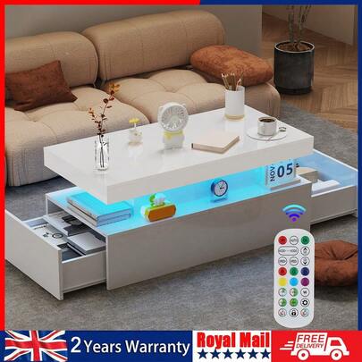 OYAJIA Modern White High Gloss LED Coffee Table With Remote-Controlled 16-Color RGB Lighting & 2-Drawer Storage - Rectangle Center Table With Open Shelf For Living Room & Home Office Furniture,95*48*42 Cm