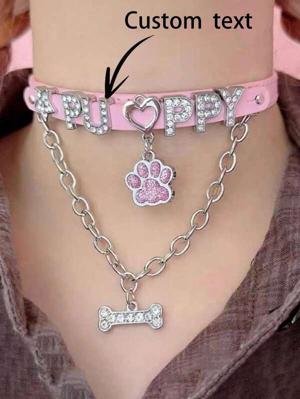 1 pièce Collier personnalisé avec lettre sur mesure en PU, collier avec nom personnalisé, style bébé sweet cool en rose avec os, collier de sous-culture de niche de haute qualité en PU avec strass en forme d'os, peut être offert pour la Saint-Valentin à l'épouse ou à la petite amie