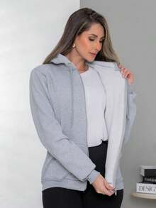 Women's Fashion Cold Weather Sweatshirt Coat Flannel Hooded Zipper Side Pockets - 灰色 - 查看 7
