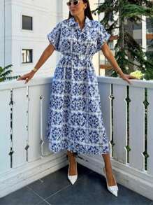 Women Elegant Floral Print Shirt Collar Button Belt Dress