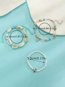 3 pièces/Set Bracelets thème océanique, comprenant des bracelets perles coquille/étoile de mer/tortue/conque, style plage d'été, bracelet en cordon fait main pour femmes