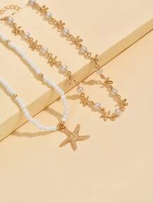 2 件套夏季海洋主题人造珍珠海星手工金色金属串珠项链，配海星吊坠，简约时尚，适合日常、海滩、旅行、约会佩戴和拍照