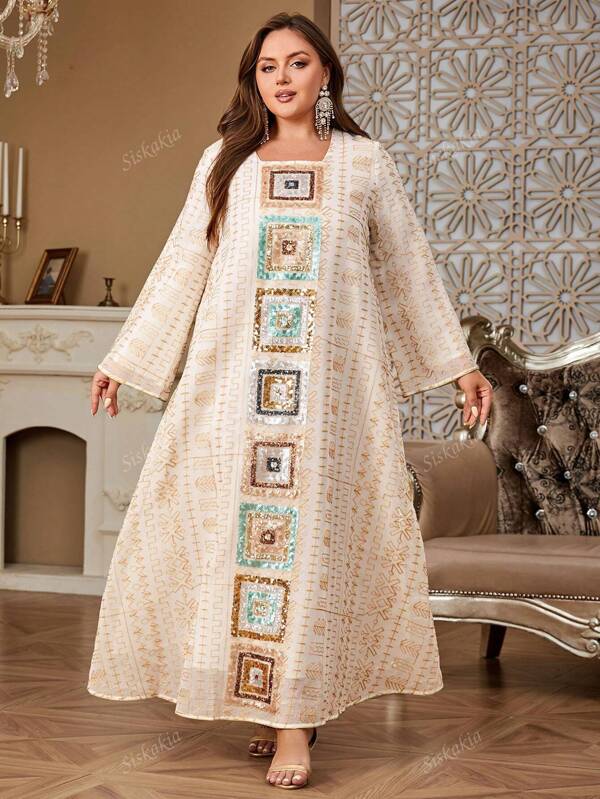 Robe longue modeste pour femmes grandes tailles, motif géométrique en polyester avec patchwork de sequins et broderie. Abaya caftan marocain convenant pour la plage, le mariage, la fête, les vacances, l'anniversaire, les occasions formelles et le port quotidien