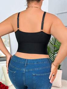 1 pieza Sujetador casual minimalista de talla grande para mujer con inserción de encaje y botón delantero, para todo el año - Negro - Ver 2