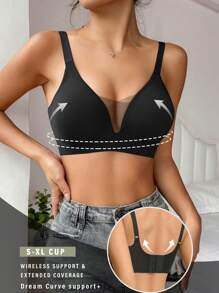 1pc Solid Color Seamless Mesh Patchwork Edge Adjustable NOn Removable Padded Wireless Bra Casual-Comfy